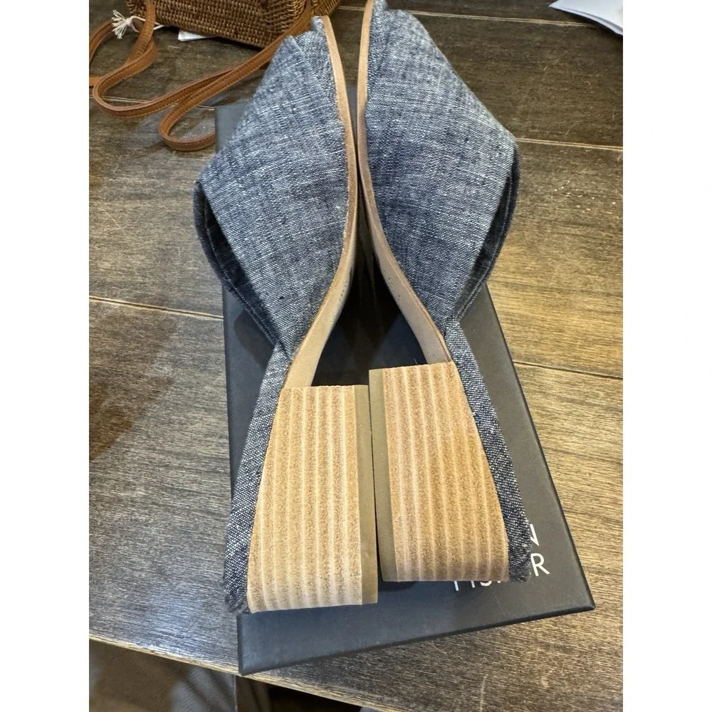 Eileen Fisher Ruche Mule Sandals Chambray‎ Blue Denim Block Heel Comfort Size 7